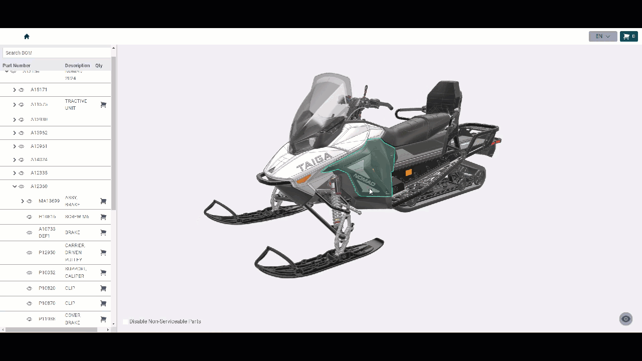 Zooming in and clicking on a part from the Taiga Nomad snowmobile - Zea Parts